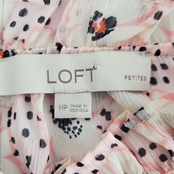 Loft Womens Pink Floral Smocked Blouse And Tank Size M Petite Round Ruffle Neck - Picture 4 of 9
